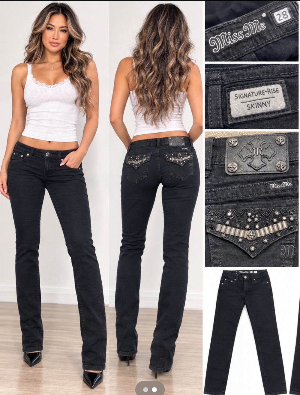 Y2K Indie Sleaze Miss Me Signature Rise Skinny Jeans Size 28 Black Embellished